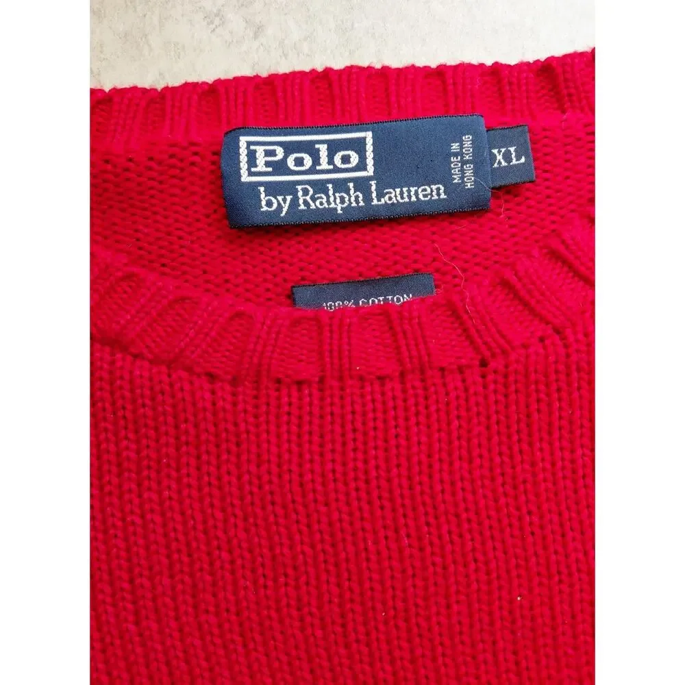 Vintage Polo Ralph Lauren Heavy Knit Crewneck Sweater Red Blue Pony Men's XL 90s